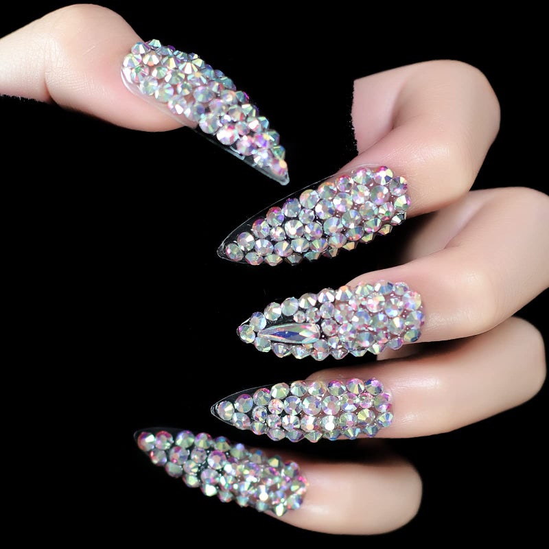 3D Rhinestone Art Deco False Nails Acrylic Shiny Diamond Long Almond Gem Gorgeous Sophisticated Party Show Gig Fake Nails 24 pcskit